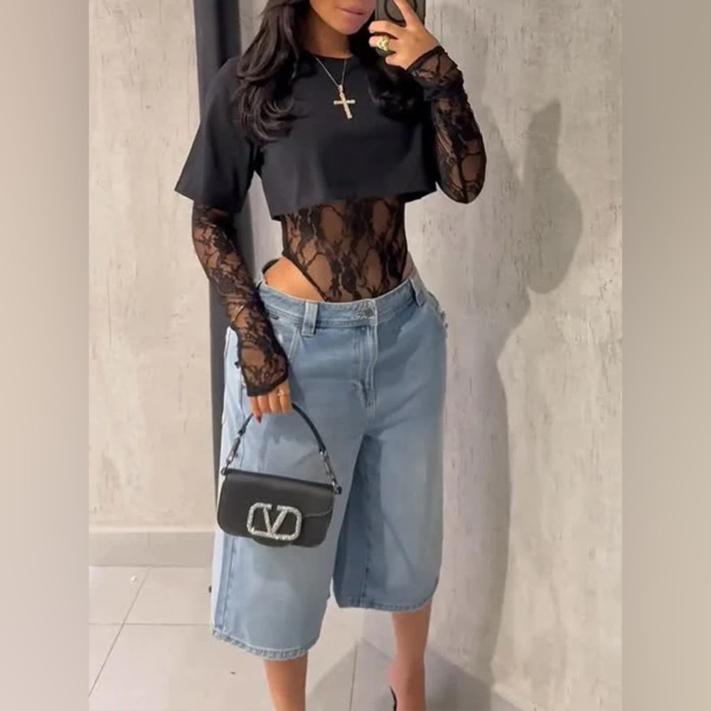 Lace Long Sleeve Bodysuit with Crop Top - Picture 2 of 15